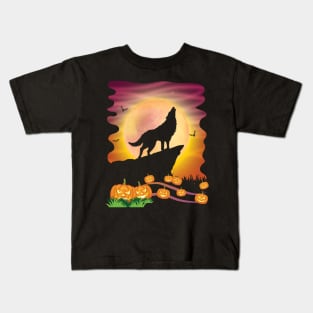 Wolf Dog On Mountain With Moon Pumpkins Bat Halloween Day Kids T-Shirt